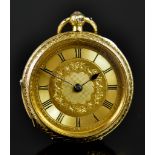 An 18ct Gold Open Faced Fob Watch, Serial No.297889, 37mm case, gold dial with black Roman baton