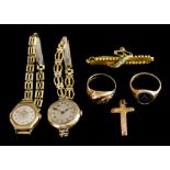 A Mixed Lot of Gold Jewellery, 20th Century, comprising - a 9ct gold gentleman's snake ring, size T,