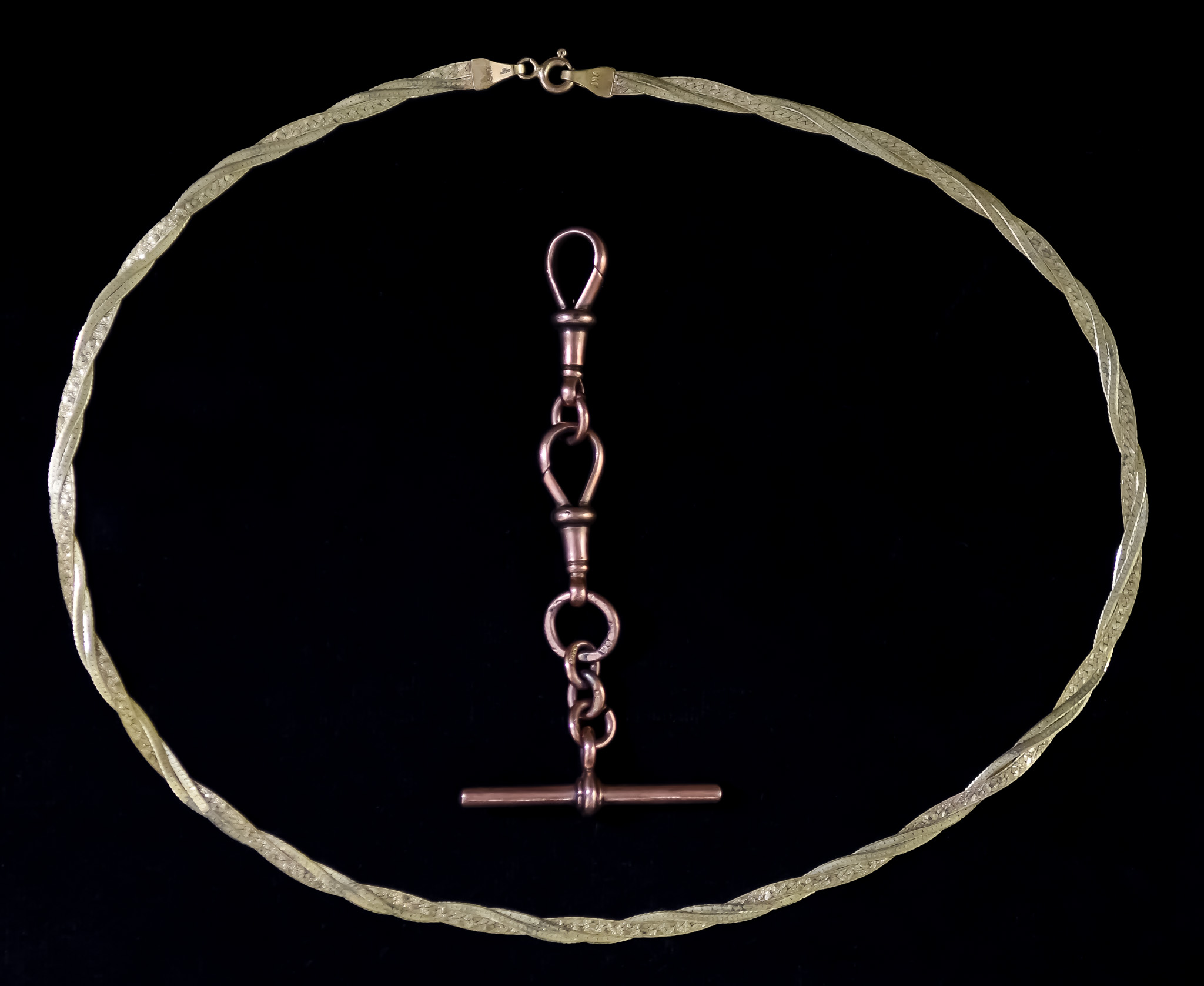 A Mixed Lot of 9ct Gold, comprising - ribbon chain, 400mm overall, and a small "lapel" Albert