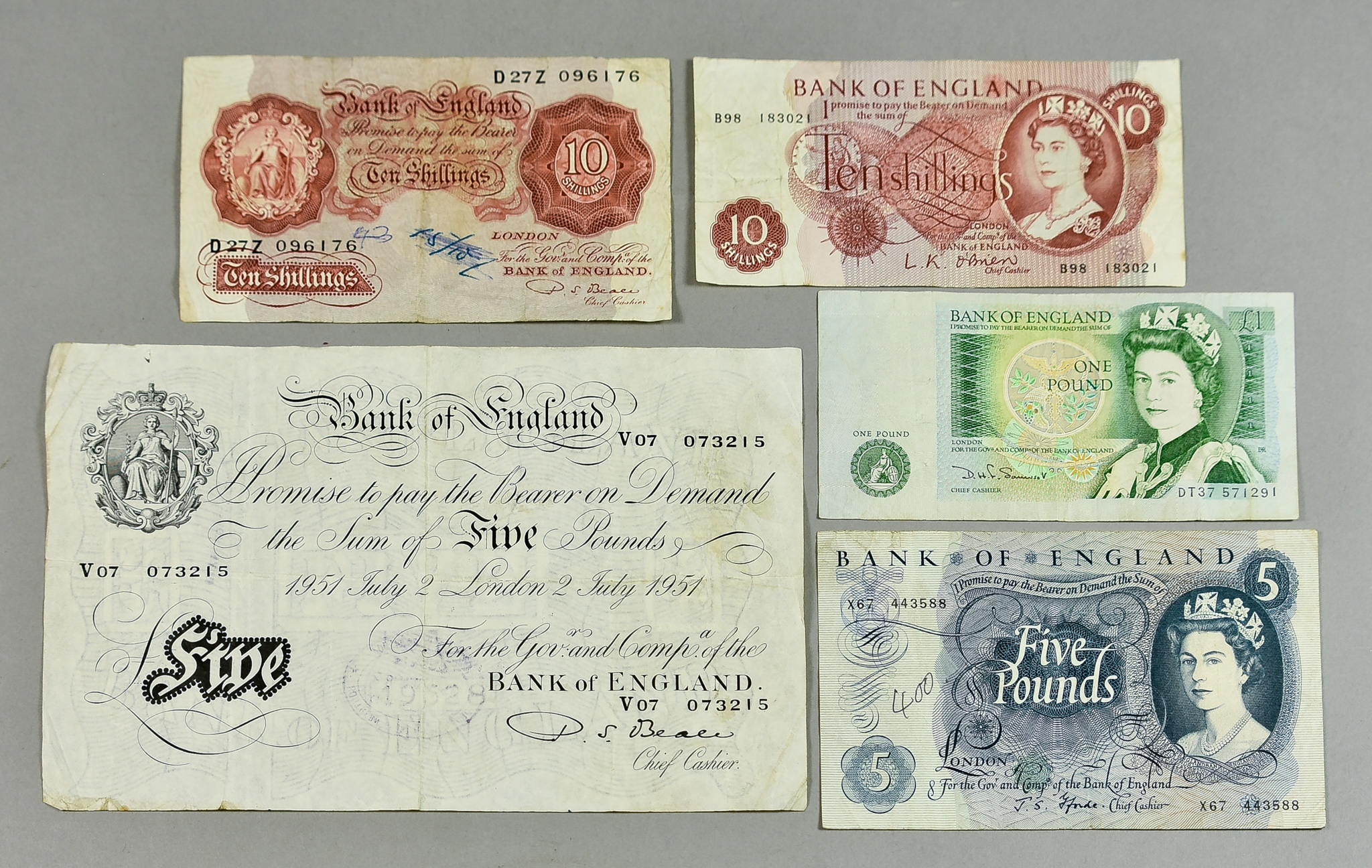 A Small Quantity of Pre-Decimalisation Bank of England Notes, including - a white five pound note,