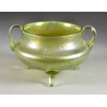 A Loetz Delphi Yellow/Green Iridescent Glass Two-Handled Vase, of bulbous form and on three