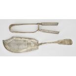 A George III Silver Fiddle Pattern Fish Slice and a Pair of Victorian Silver Asparagus Servers,