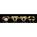 Four 18ct Gold Gem Set Rings, Modern, comprising - three rings set with blue stones and diamonds,