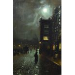 W. Morgam (19th Century) - Oil painting - Moonlit scene with figures and hansom cab, signed, relined