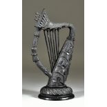 Late 19th/Early 20th Century Bog Oak Carving Depicting a Harp Embellished with Shamrock, 8.5ins x