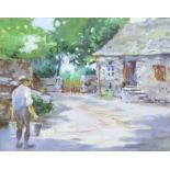 Frank Waddington (1897-1952) - Gouache - Cottage with farm hand carrying two pails, signed, 8.5ins x