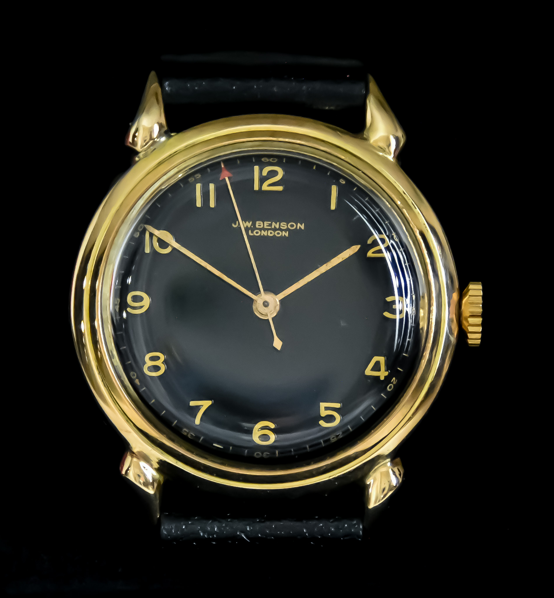 A Gentleman's Manual Wind Wristwatch by J W Benson of London, 34mm diameter 18ct gold case, black