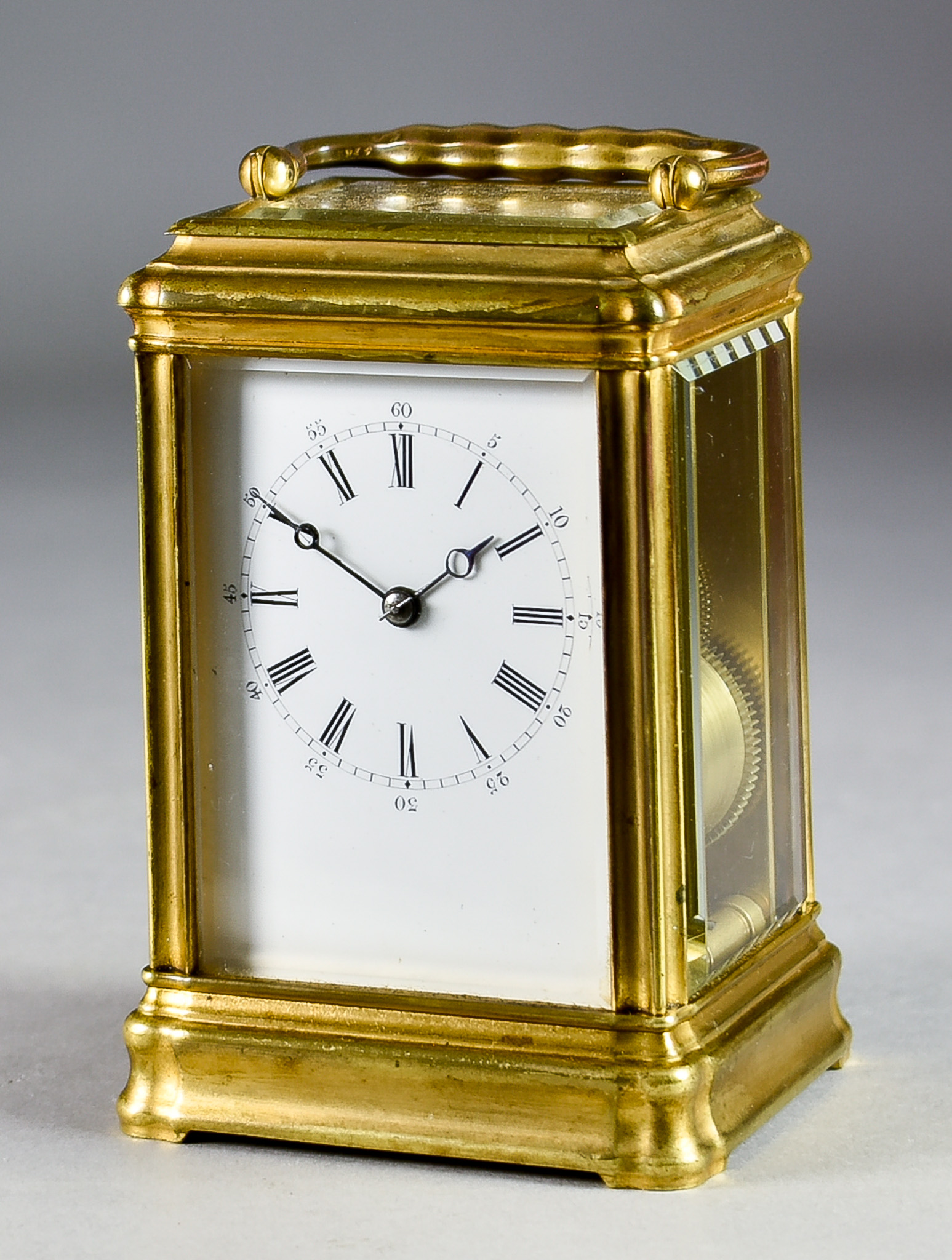A 19th Century French Brass Cased Carriage Clock, by Drocourt, No.40516, the white enamel dial