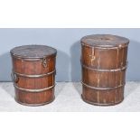 Two Stained Wood Cylindrical Rice Buckets and Covers, 15ins (38cm) diameter x 20ins (50.9cm) high