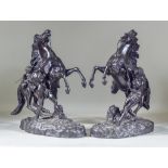 19th Century School - A Pair of Brown Patinated Bronze Figures of Marli Horses, on oval bases, 16ins