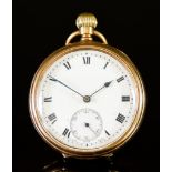 A 20th Century Keyless Open Faced Pocket Watch, no visible maker, 9ct gold case, 51mm diameter, with