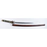 A Japanese Katana with Han Dashi Mounts, unsigned (peg not removable to check) 23ins blade, cotton