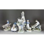 Six Royal Copenhagen Porcelain Figures - comprising - girl with goats, No.694, 9.5ins high,