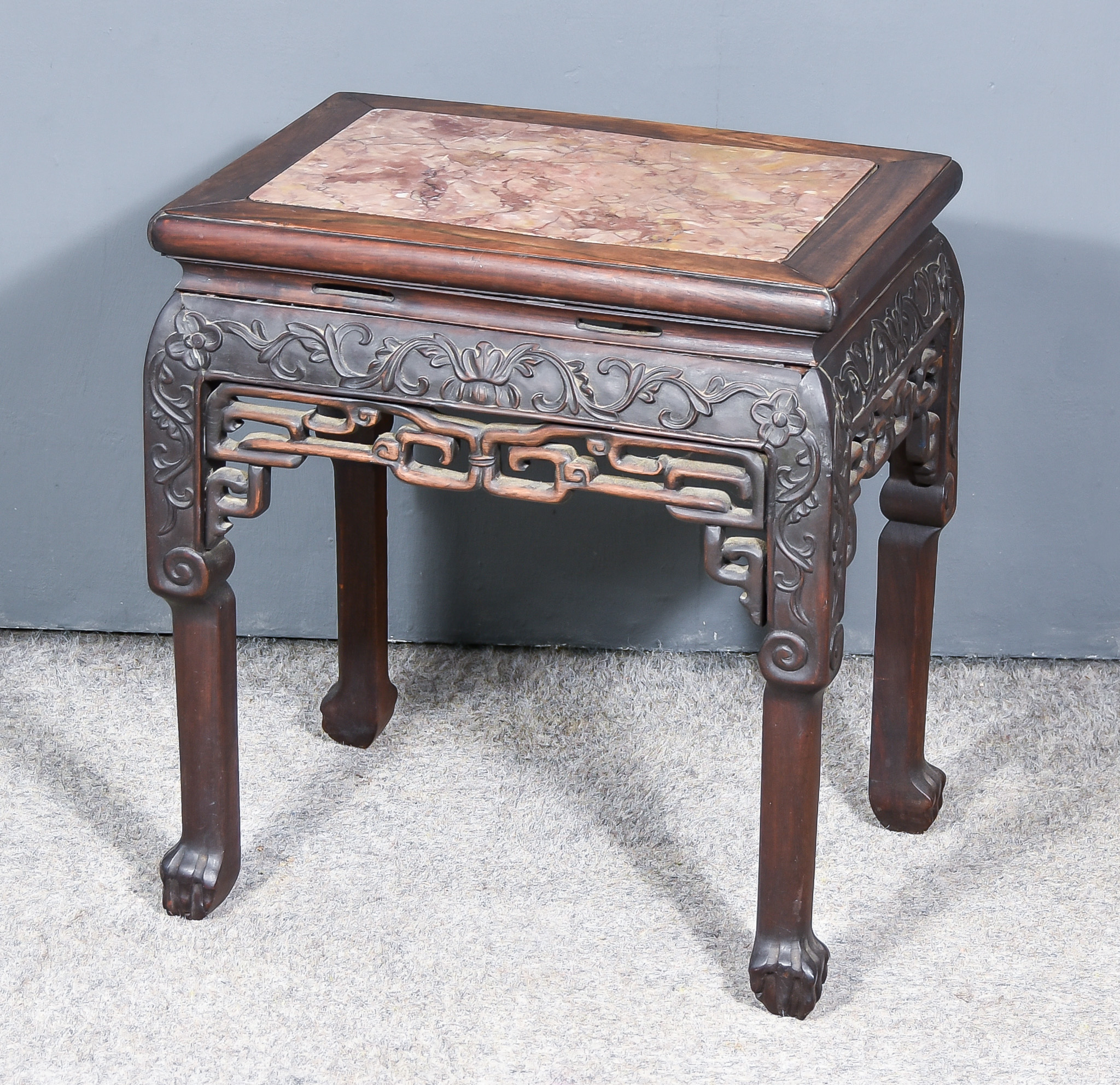 A Chinese Rosewood Rectangular Jardiniere Stand, 19th Century, with pink flecked marble slab to