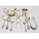 Two George V Silver Wishbone Pattern Tongs and Mixed Silver Ware, the tongs by James Swann & Son,