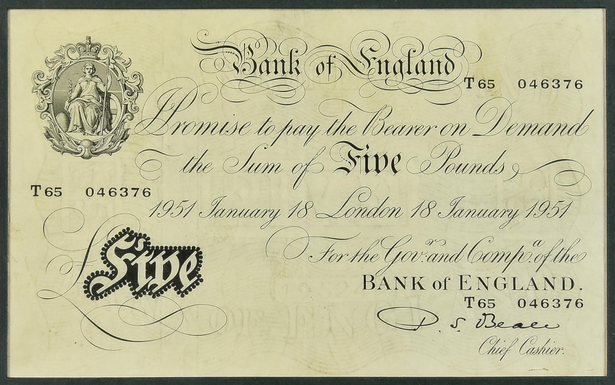 An Elizabeth II White Five Pound Bank Note, signed by Chief Cashier P. S Beale, dated 18th January