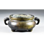 A Chinese Brown Patinated Bronze Two-Handled Censer, of squat form, 6ins (15.3cm) wide x 2.5ins (6.