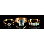 Three 18ct Gold Gem Set Rings, 20th Century, one set with blue stone, size O, one set with five