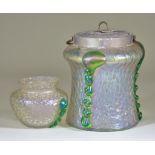 An Austrian Iridescent and Moulded Glass Biscuit Barrel in the Manner of Kralik, with plated