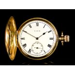 A 9ct Gold Full Hunter Cased Keyless Pocket Watch by Elgin, 50mm diameter case, white enamel dial