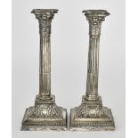 A Pair of Late Victorian Silver Pillar Candlesticks by James Dixon & Sons, Sheffield 1900, with bead
