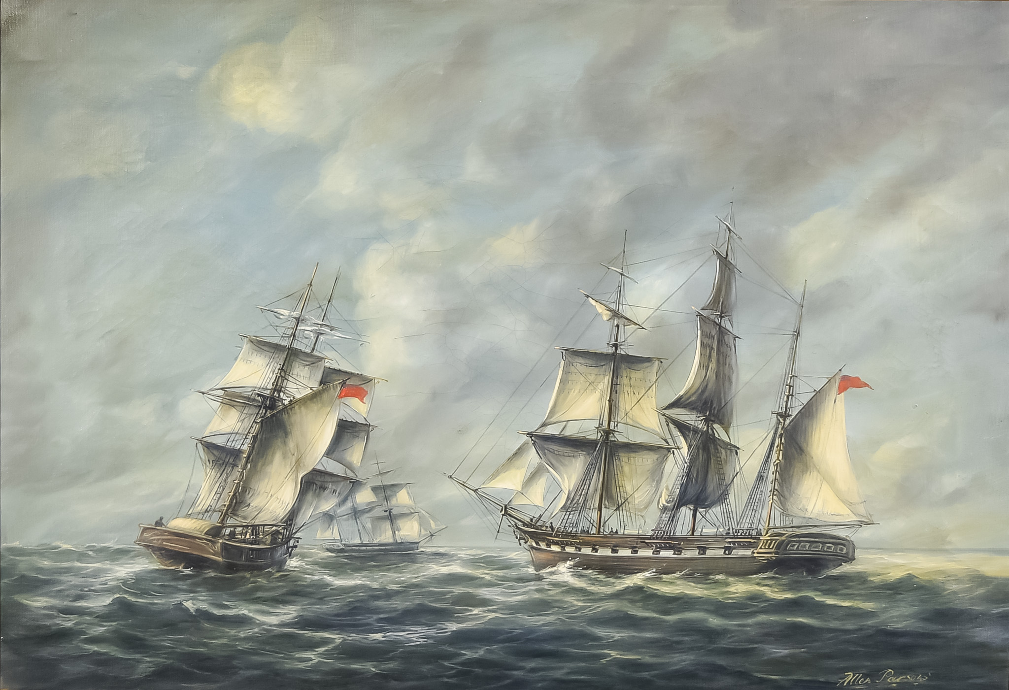 Allan Parsons - Oil painting - Marine scene with an English 22-gun ship and two other ships in