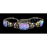 A Five Stone Fire Opal Bracelet, 20th Century, silver base with 9ct gold leaves to the front set