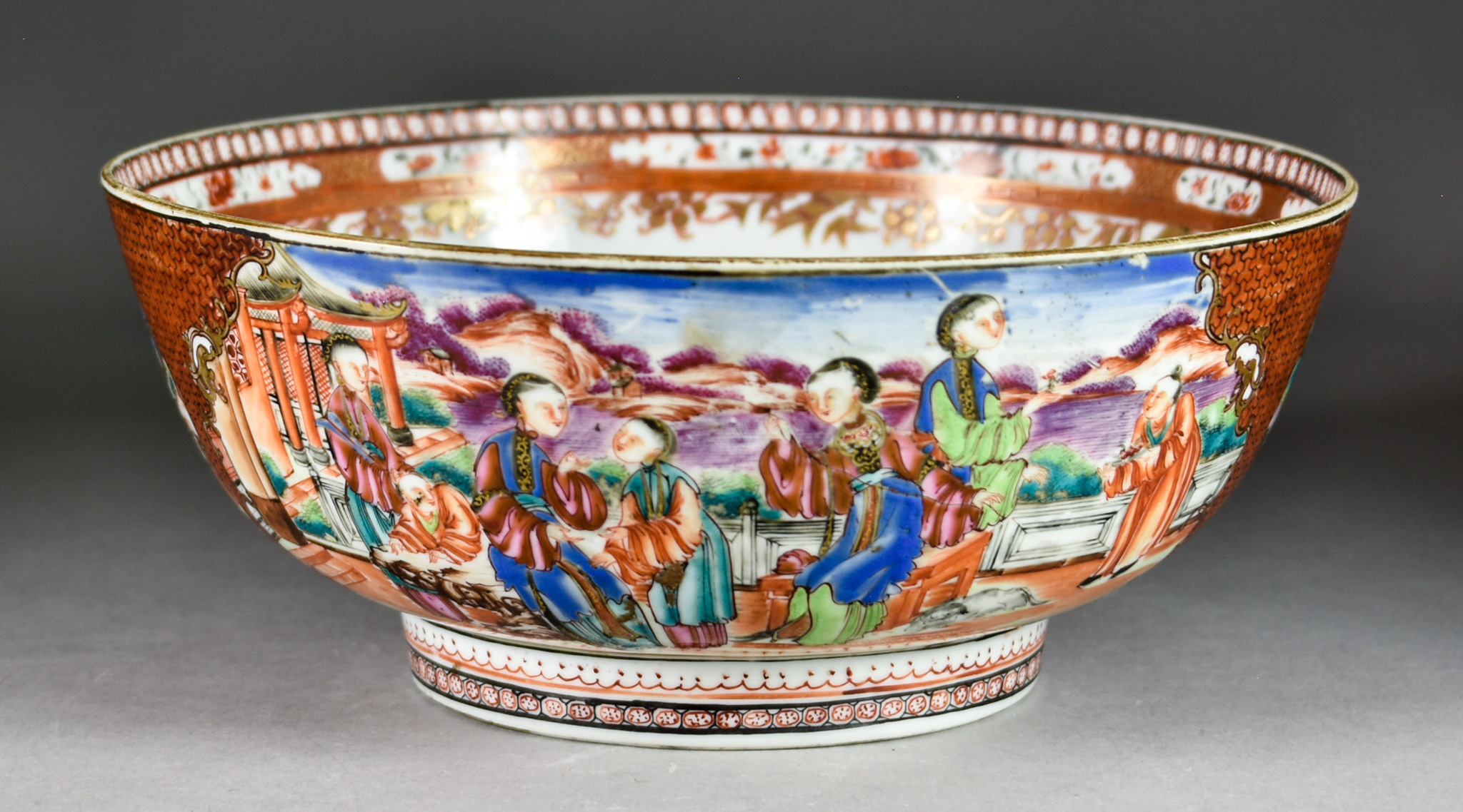 A Chinese Cantonese Porcelain Bowl, 19th Century, enamelled in colours with figures in landscapes,