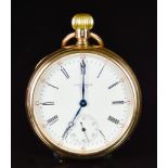 A 9ct Gold Open Faced Keyless Pocket Watch by Waltham, 50mm diameter case, white enamel dial with