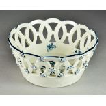 A Worcester Porcelain Blue and White Circular Basket, 18th Century, with concentric ring pattern