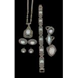 A Quantity of Opal Set Silver Items, Modern, comprising - a necklace, a bracelet, three rings, sizes