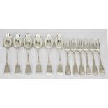 A Set of Six William IV Silver Fiddle Pattern Table Forks and Six Various Table Spoons the forks