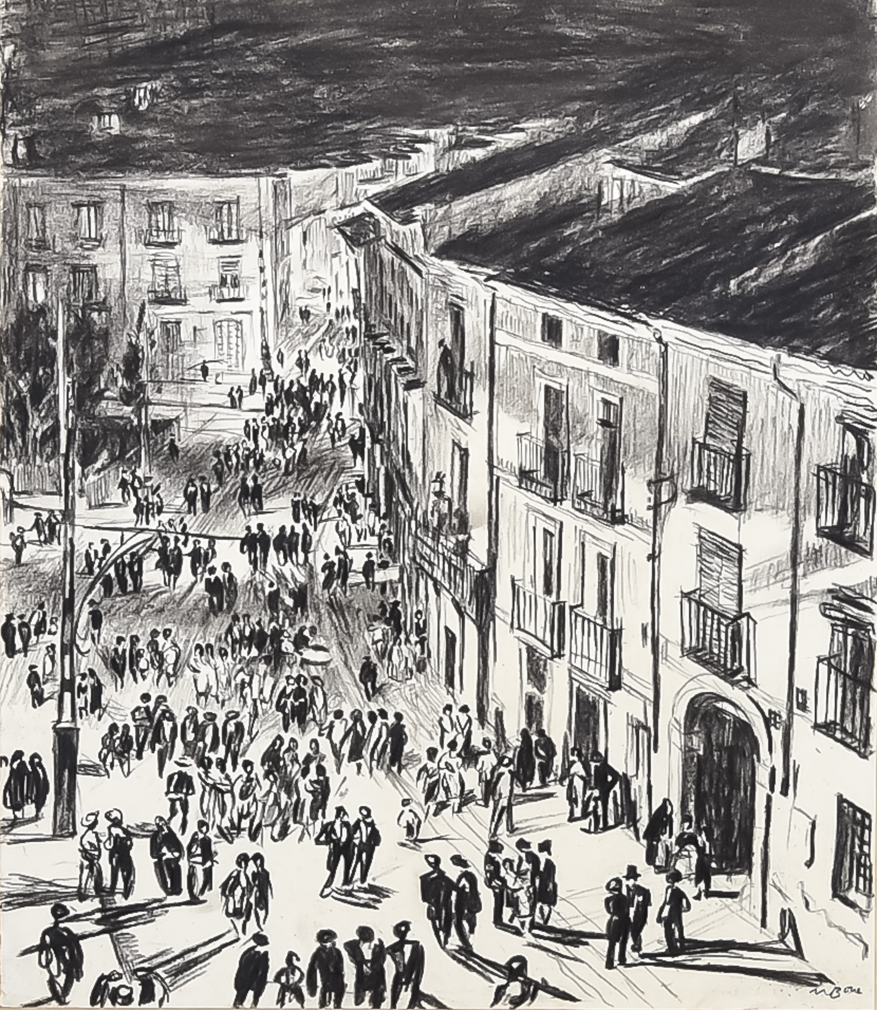 ***David Muirhead Bone (1876-1953) - Drypoint Etching - Metropolitan scene with figures congregating