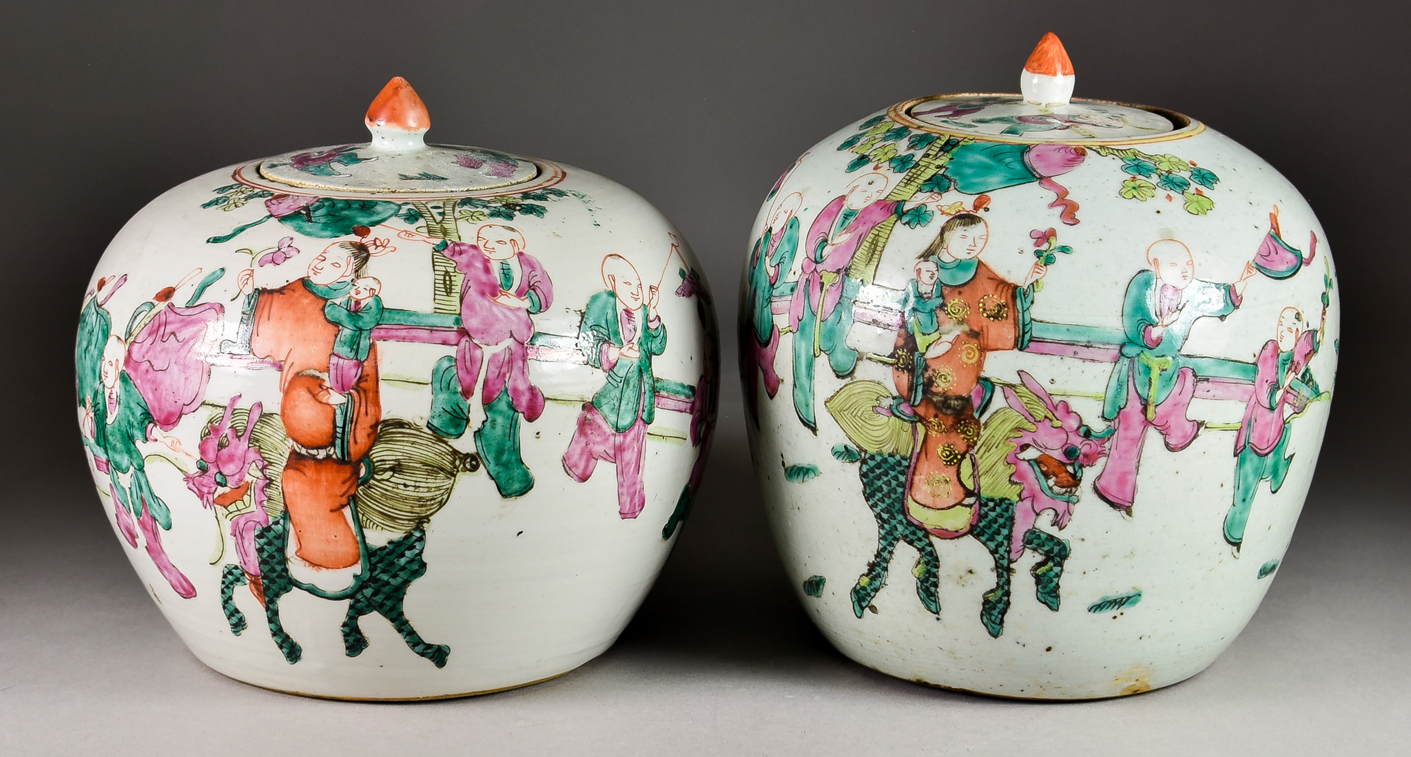 Two Chinese Famille Rose Porcelain Jars and Covers, Late 19th/early 20th Century, of globular