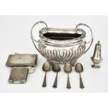 An Edward VII Silver Rectangular Two-Handled Sugar Basin and Mixed Silver Ware, the sugar basin by