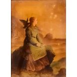 19th Century Reverse Painting on Glass - Young girl sitting on a rock with a bird on her shoulder,