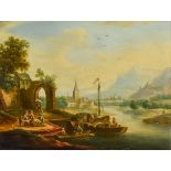 18th Century Continental School - Pair of oil paintings - River landscapes with boats and figures,