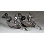 A Pair of Brown Patinated Bronze Hippocamps, 20th Century, 5ins high