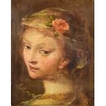 A. Lopez (?) (19th Century) - Oil painting - Portrait of young girl with flower in her hair,