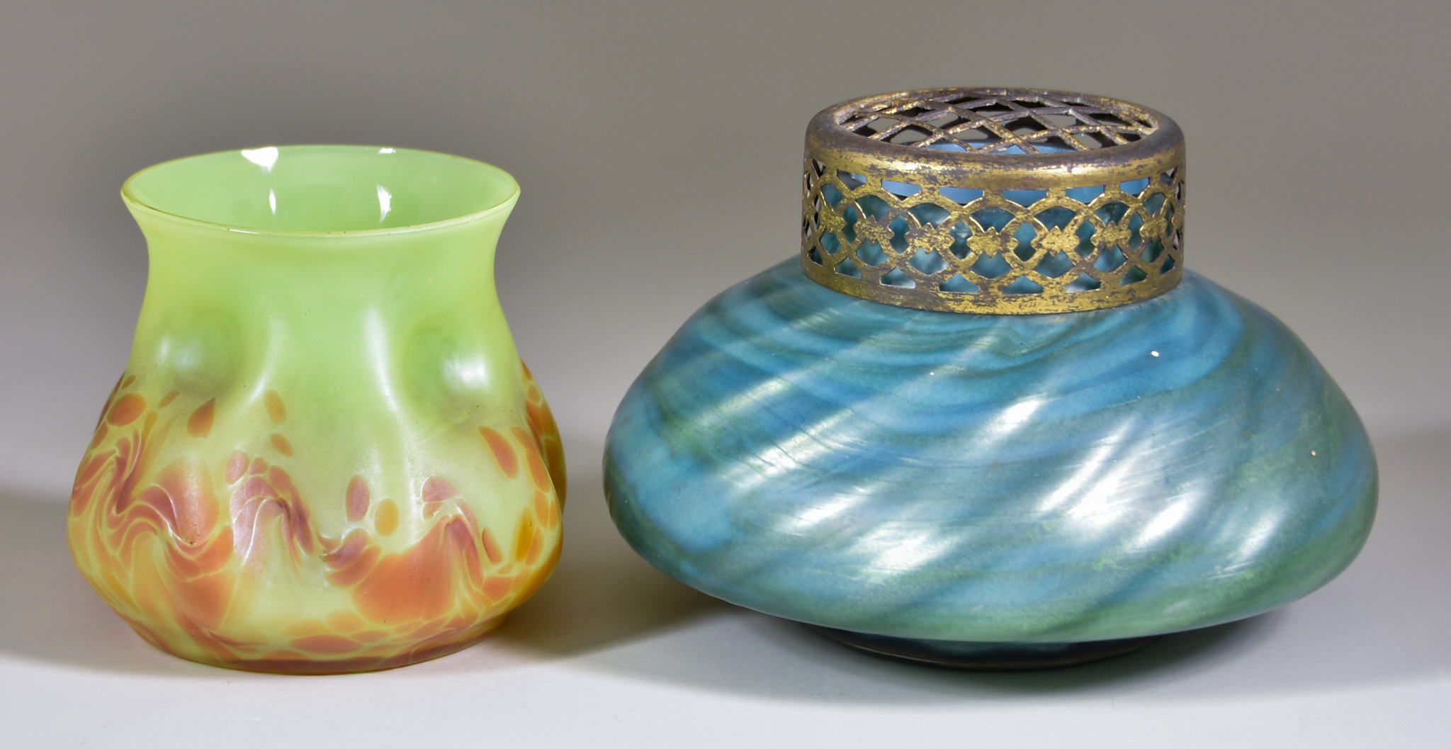 A Kralik Helios Glass Vase and a Blue/Green Glass Rose Bowl, the Helios vase of crimped, lobed,