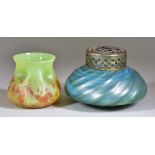 A Kralik Helios Glass Vase and a Blue/Green Glass Rose Bowl, the Helios vase of crimped, lobed,