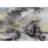 ***Rowland Hilder (1905-1993) - Chalk drawing - "Kentish Lane in Snow", 15.5ins x 22.5ins, titled to
