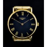 A Gentleman's Manual Wind Wristwatch, by Longines, yellow metal case, 32mm diameter, black dial with