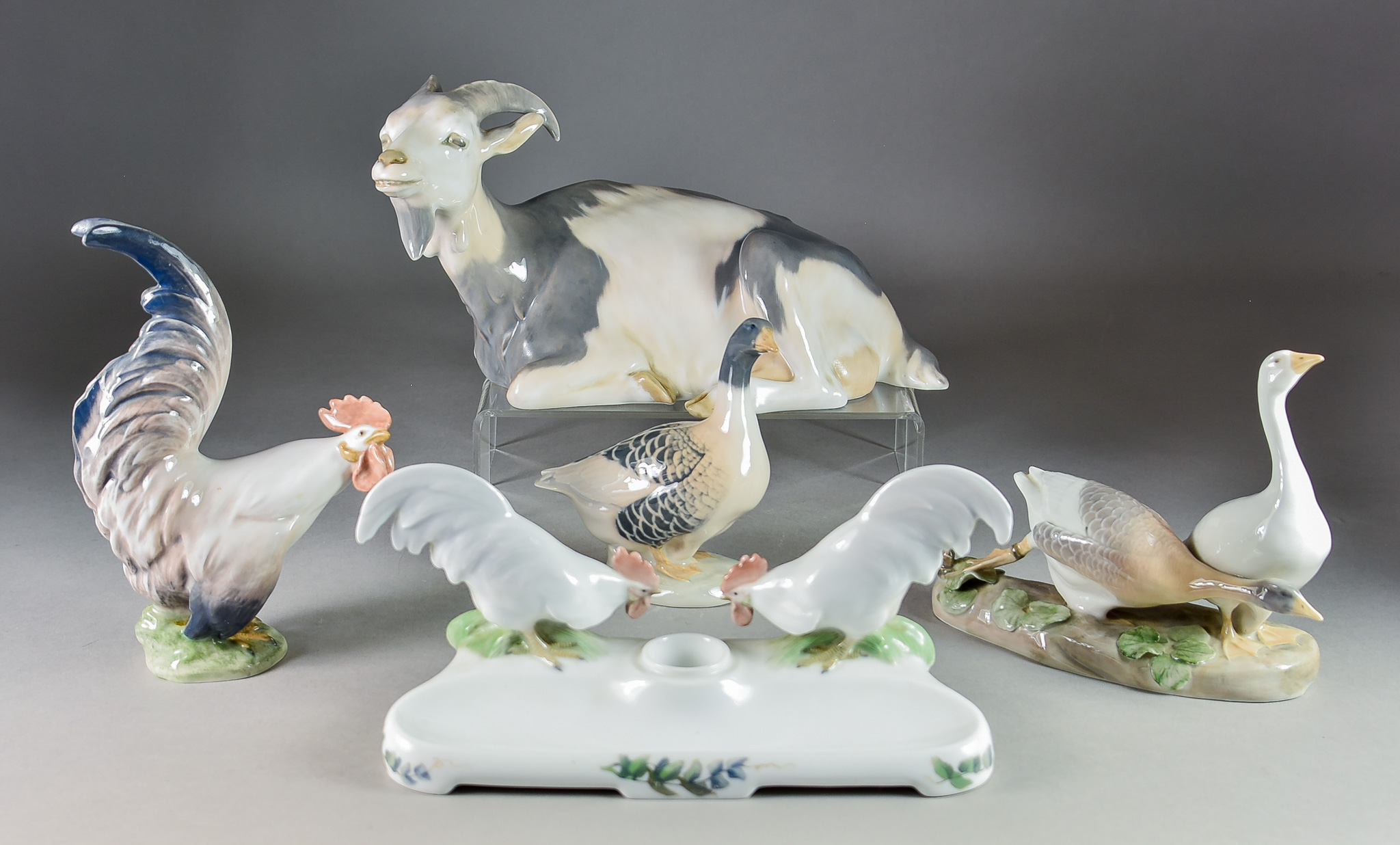 Five Royal Copenhagen Porcelain Figures - comprising - goat, No.466, 6ins high, cockerel inkstand (