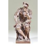 French School After Michelangelo, Patinated Bronze Figure of a seated Roman soldier cast by The