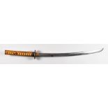 A Japanese Katana, unsigned, rebellion mounts, 22ins blade, cotton wrapped ray skin hilt, iron