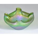 A Continental Green Iridescent Glass Bowl, with folded rim, with scattered etched pattern to body,