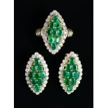 A 14ct Gold Emerald and Diamond Ring with Earrings, 20th Century, set with a centre cluster of