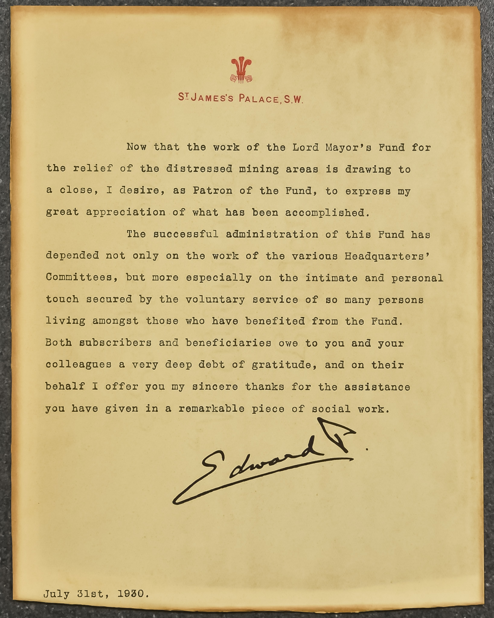 H. R. H. King Edward VIII (1894-1972) - Typewritten, signed letter, on 'St James's Palace. S.W'