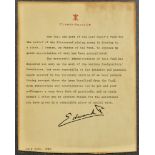 H. R. H. King Edward VIII (1894-1972) - Typewritten, signed letter, on 'St James's Palace. S.W'